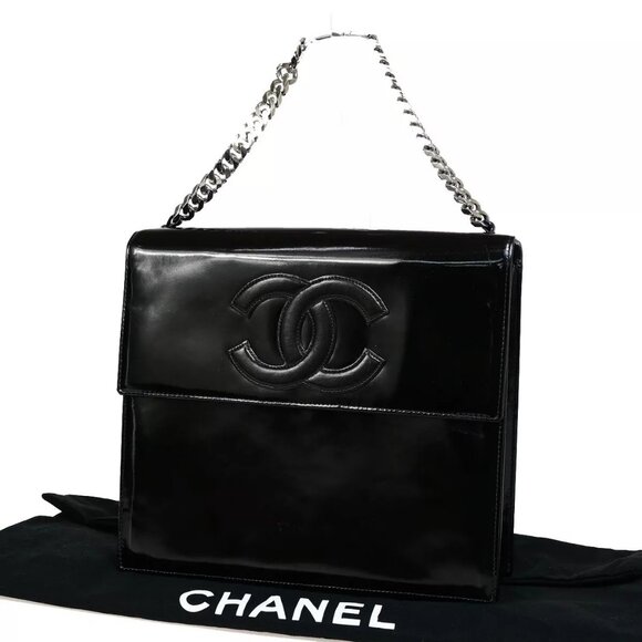 CHANEL CC Logo Chain Hand Bag Patent Leather Black SHW France Vintage - Picture 1 of 16
